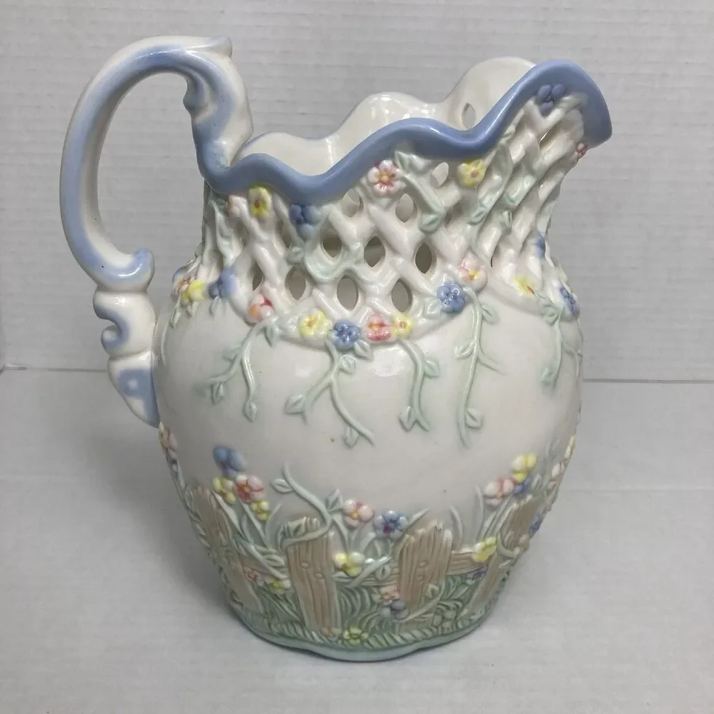 VTG Capodimonte Majolica Style Floral Porcelain Pitcher Spring Centerpiece
